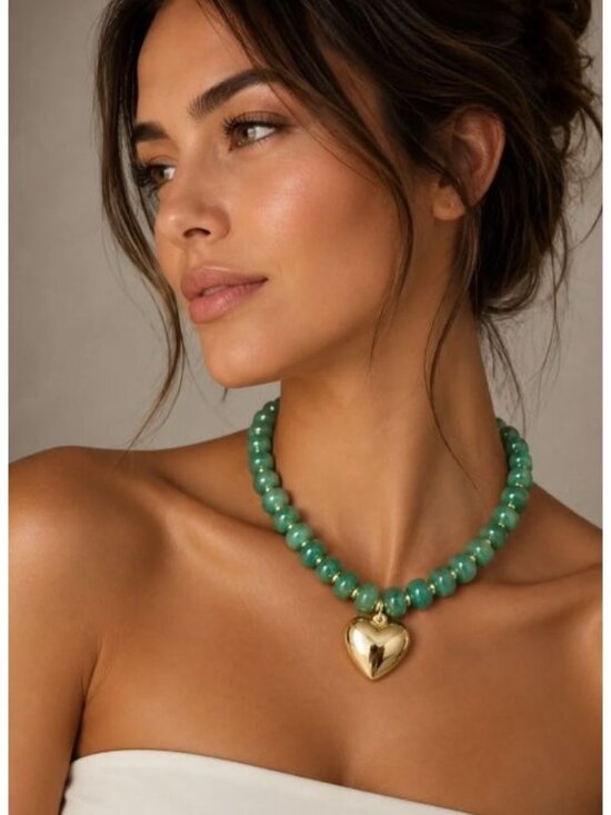 Mayamar Jewelry - New Mayamar Green Beaded Necklace With Gold-Tone Heart Pendant